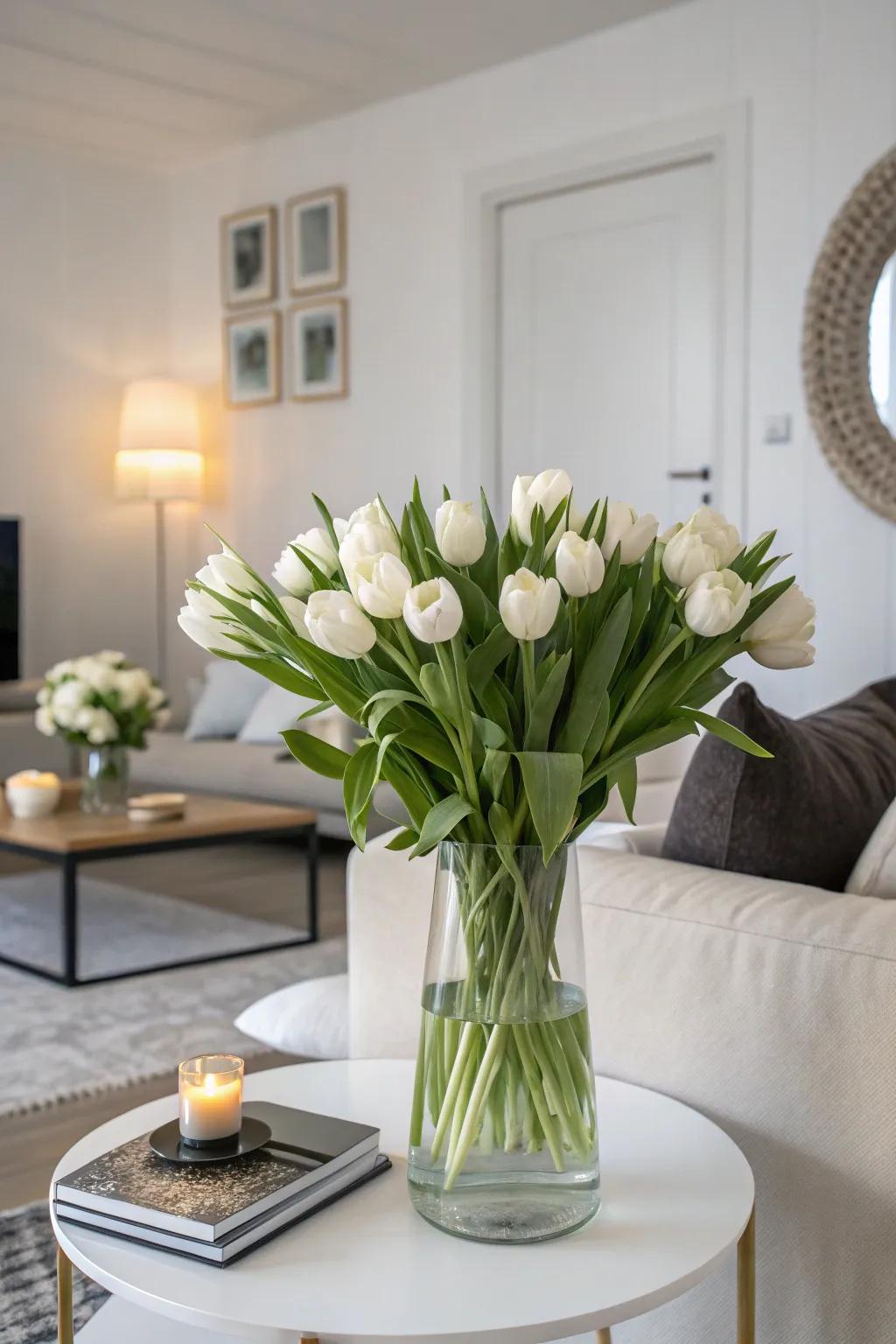 White tulips creating a serene atmosphere in a modern living space.