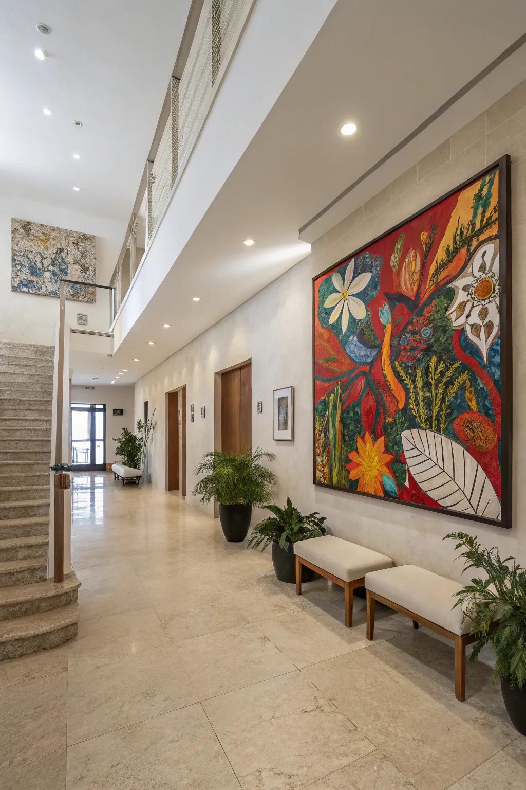 An entryway highlighting vibrant artwork that commands immediate attention.