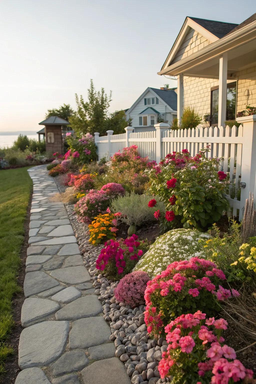 Bright flowers surround the walkway, injecting happiness and energy.