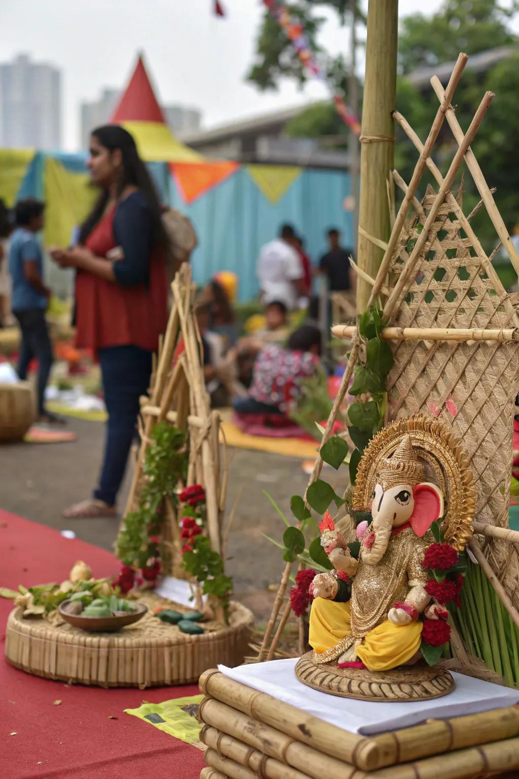 Eco-friendly decorations using bamboo and recycled materials for a sustainable Ganesh Chaturthi celebration.