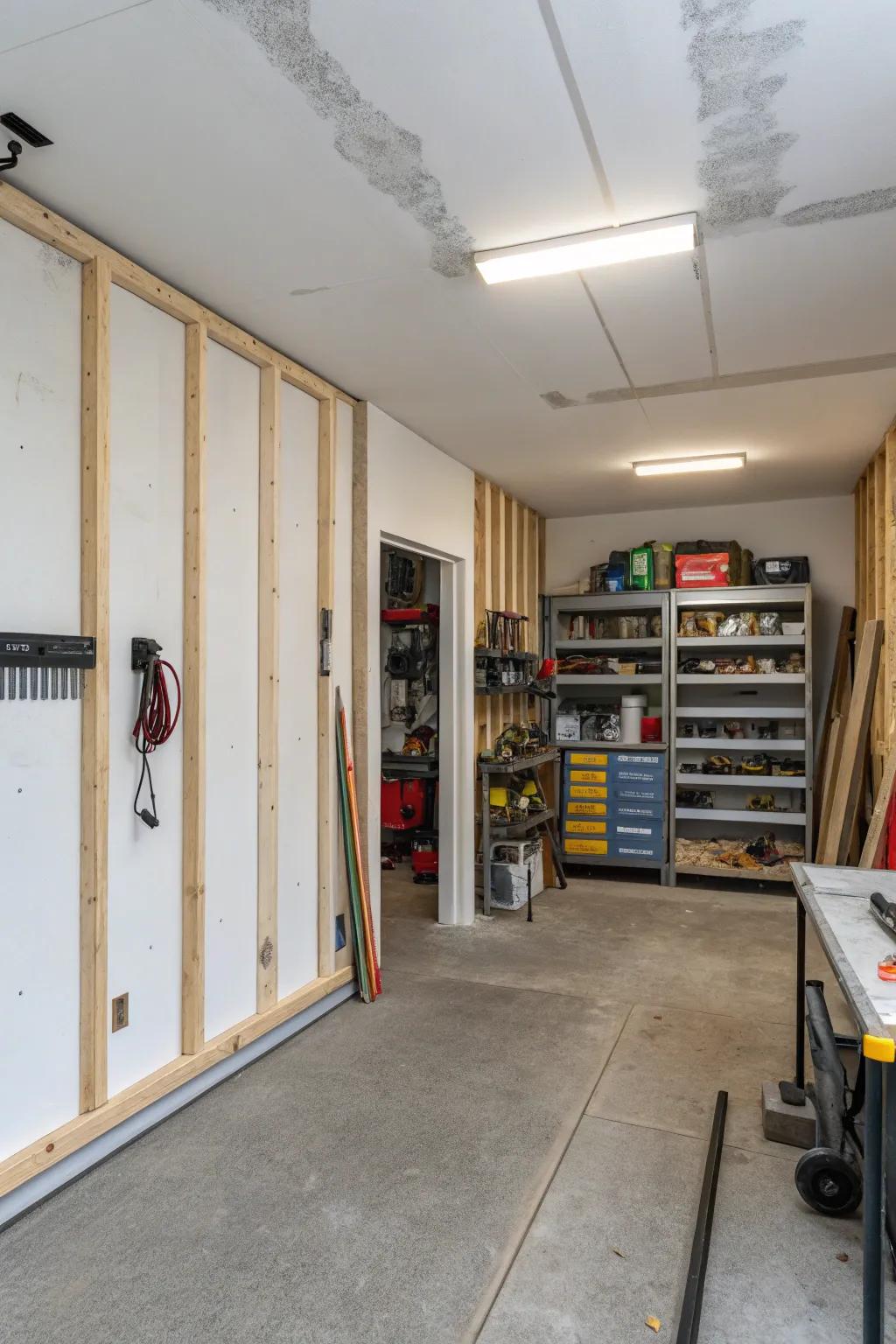 Stud walls create a defined and permanent division in your garage.