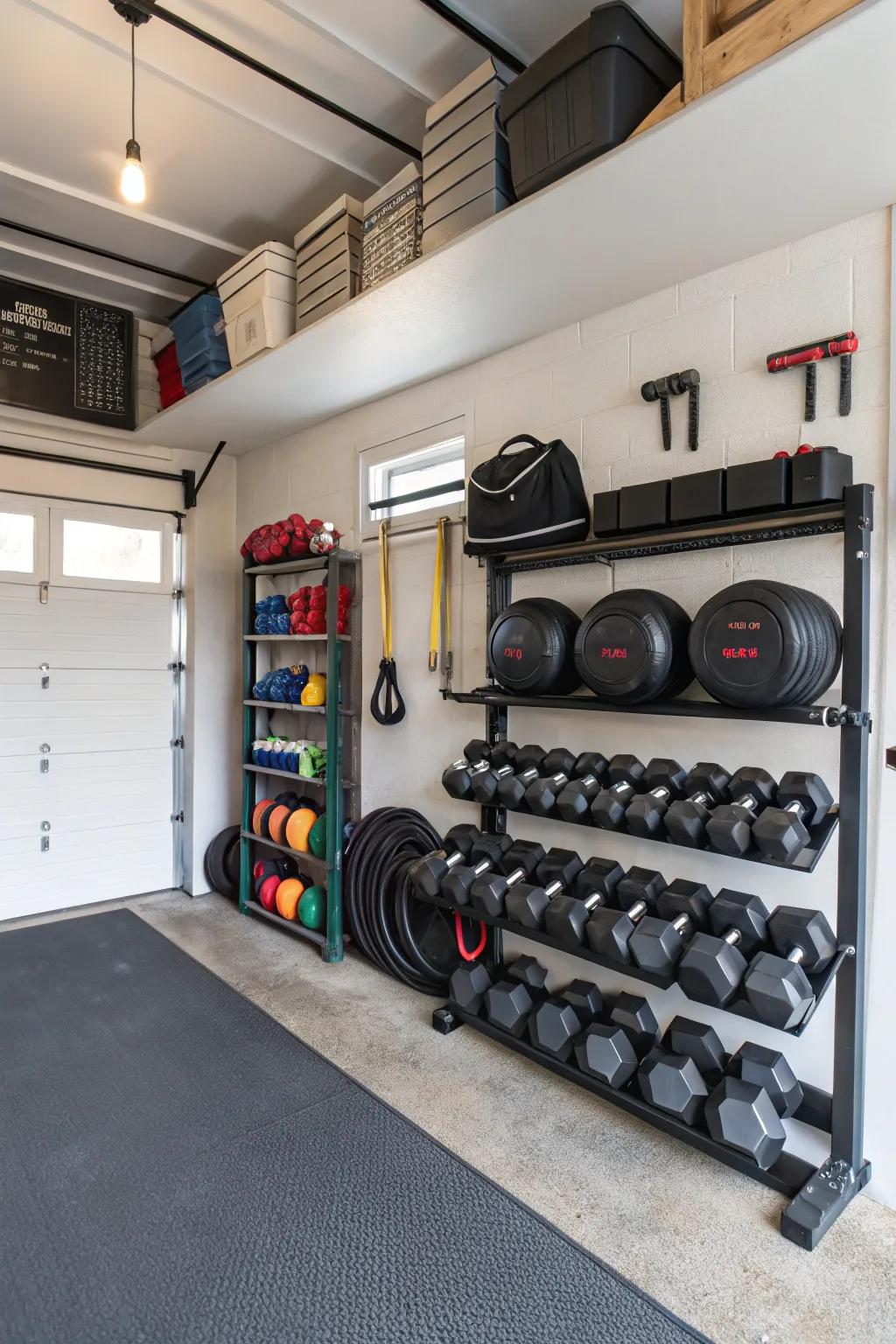 Wall-mounted storage keeps your gym gear tidy and accessible.