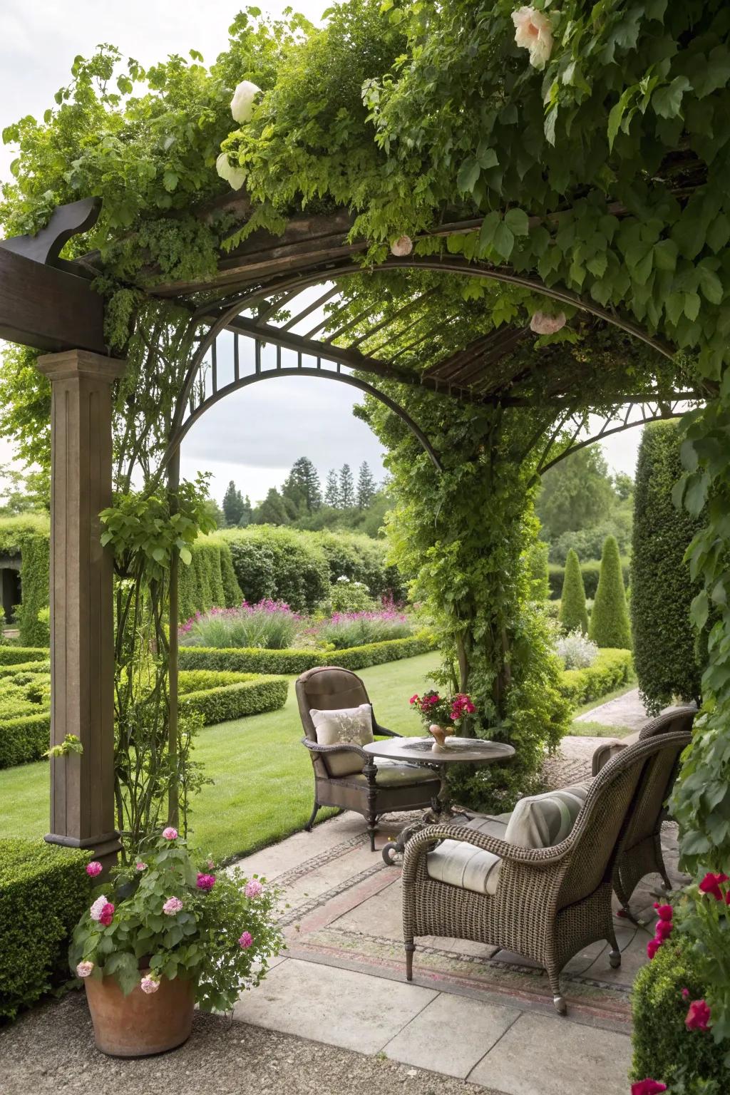 A perfect spot to unwind under a pergola adorned with greenery.