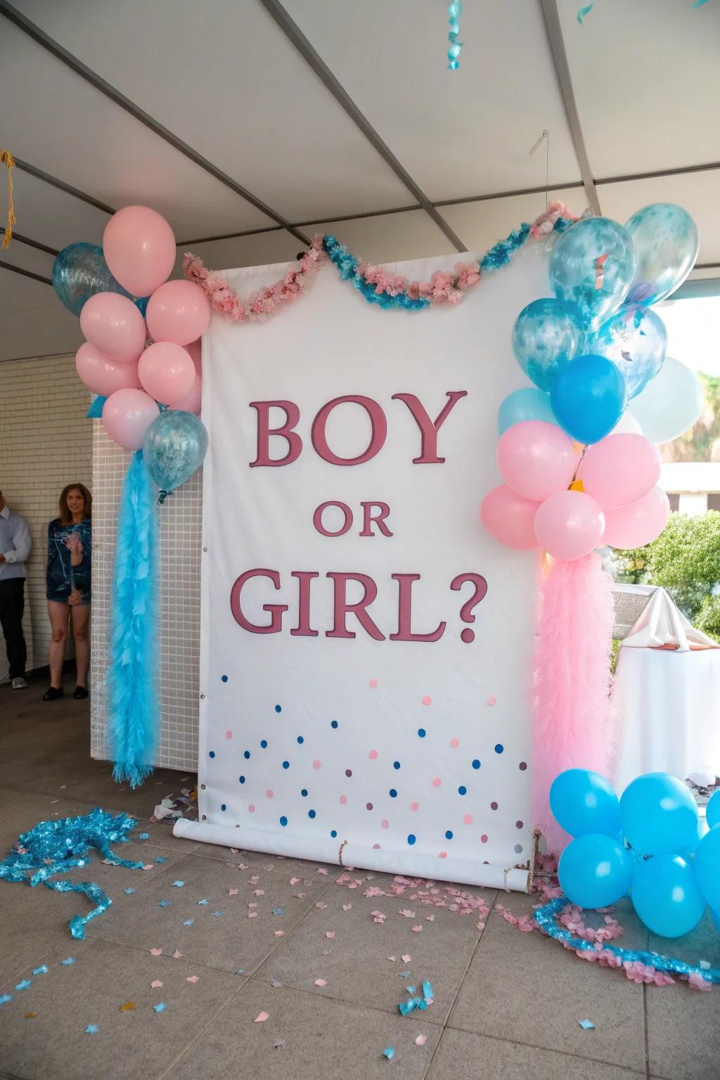 A themed backdrop showcasing playful 'He or She?' decoration.