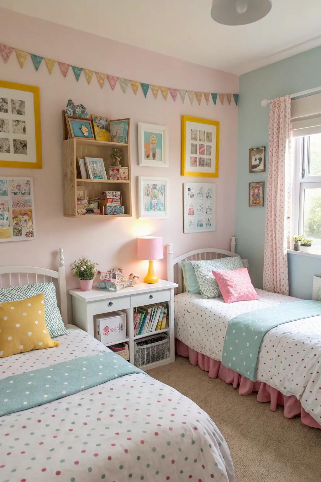 Gentle colors establish a serene mood in a shared girls' bedroom, promoting relaxation and play.