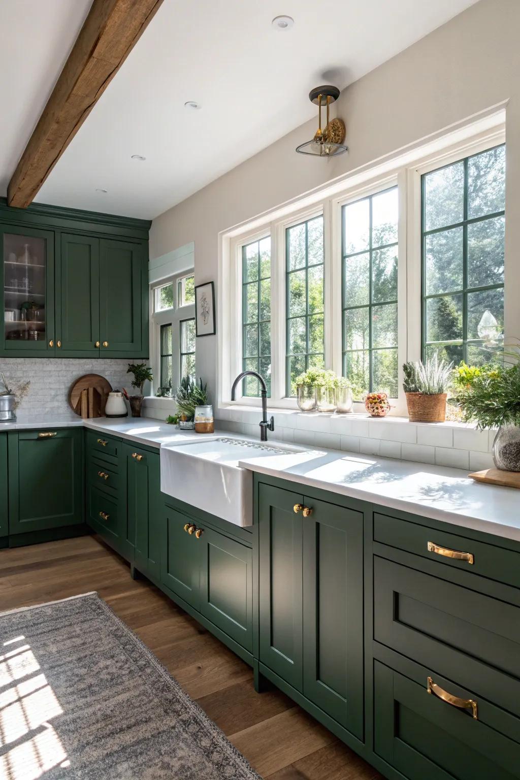 Bold forest green cabinets making a statement in a well-lit kitchen.