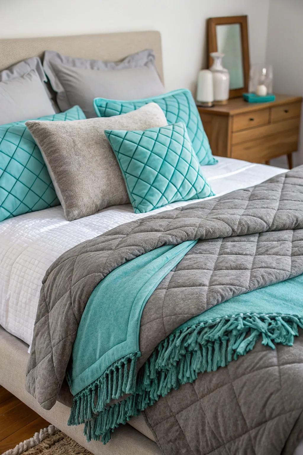 Layering bedding in grey and turquoise crafts a cozy and inviting personal space.