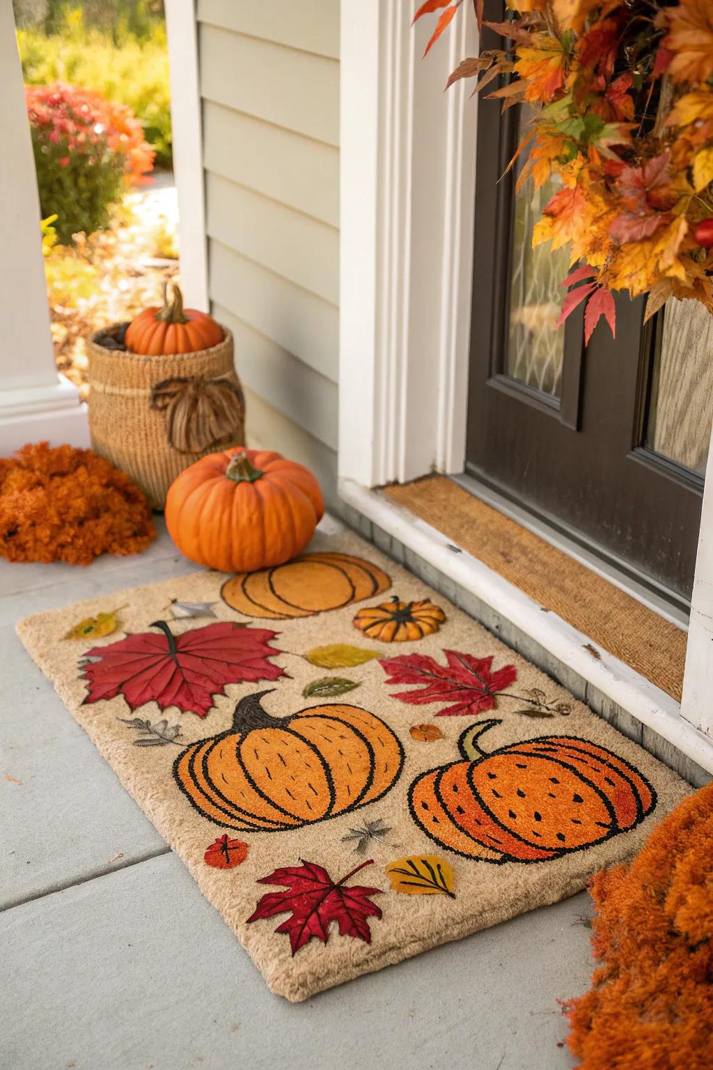 A pumpkin-inspired welcome mat brings the beauty of harvest season right to your home.