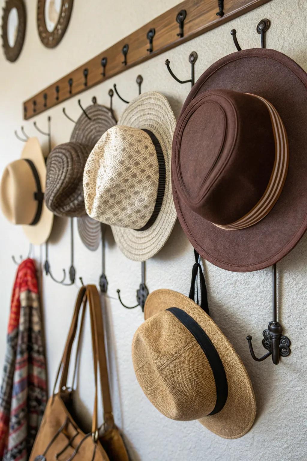 Turn your hats into wall art with decorative hooks and pegs.