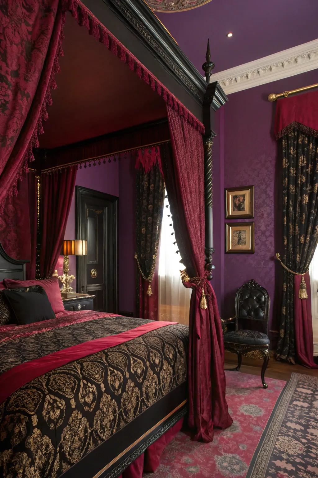 Deep colors set the stage for an eerie yet elegant bedroom.