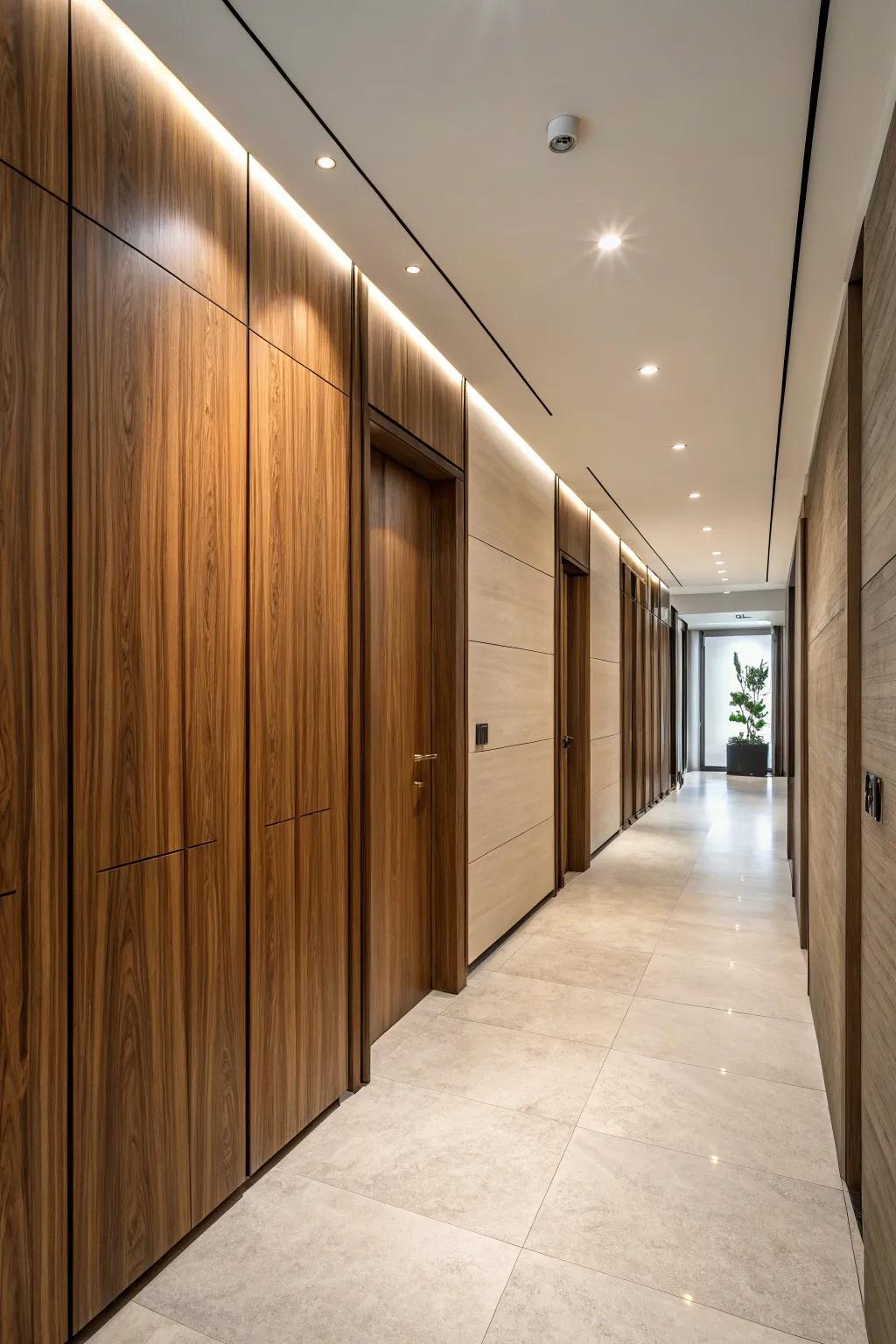 A modern hallway with a hidden door seamlessly integrated into wood wall panels.