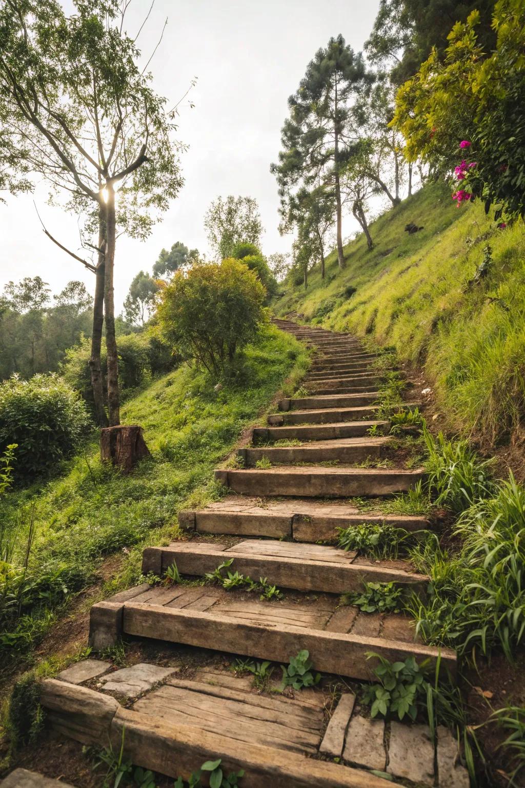 Reclaimed timber steps bring rustic charm to any garden slope.