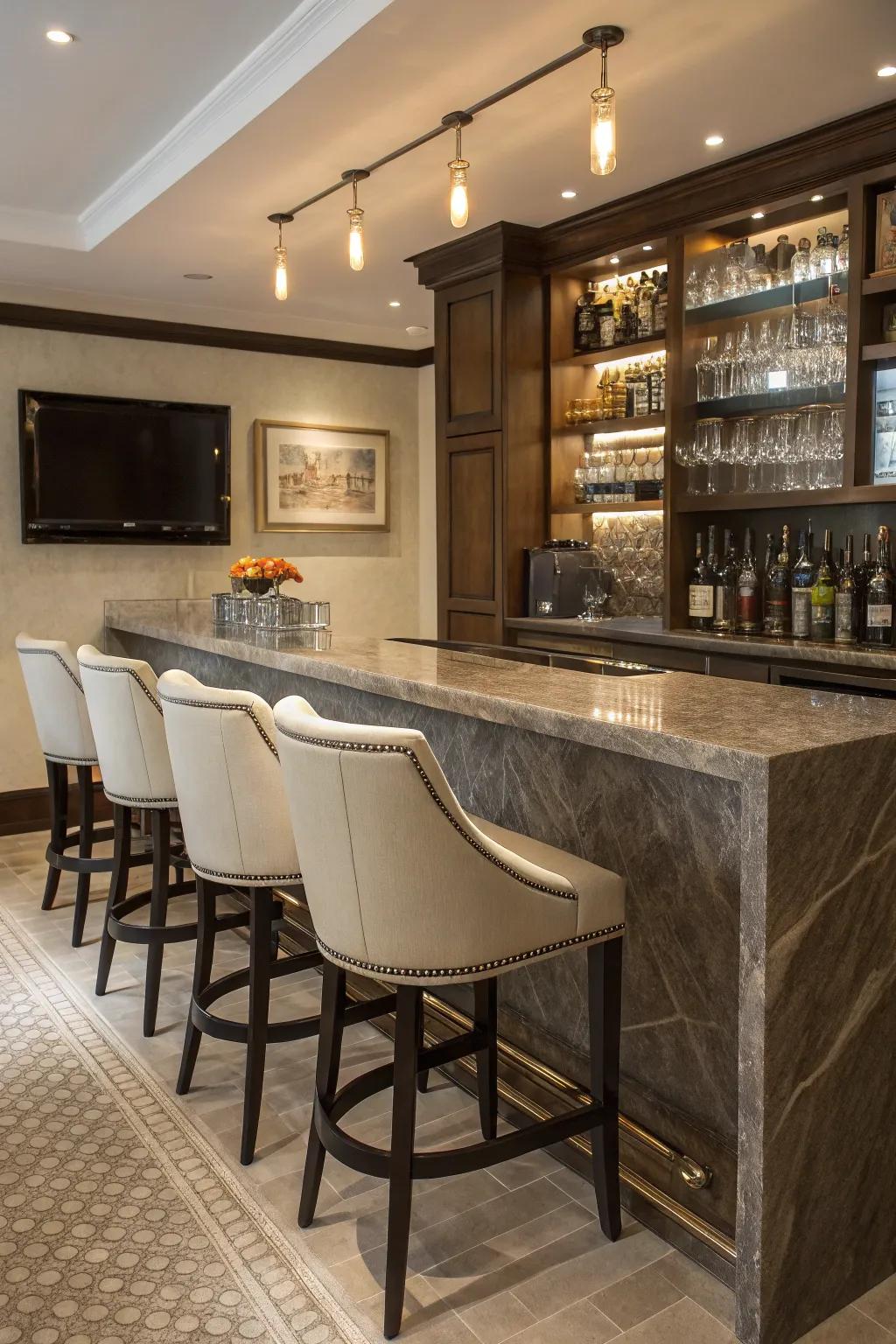 Stone counters really give a home bar that classy touch.