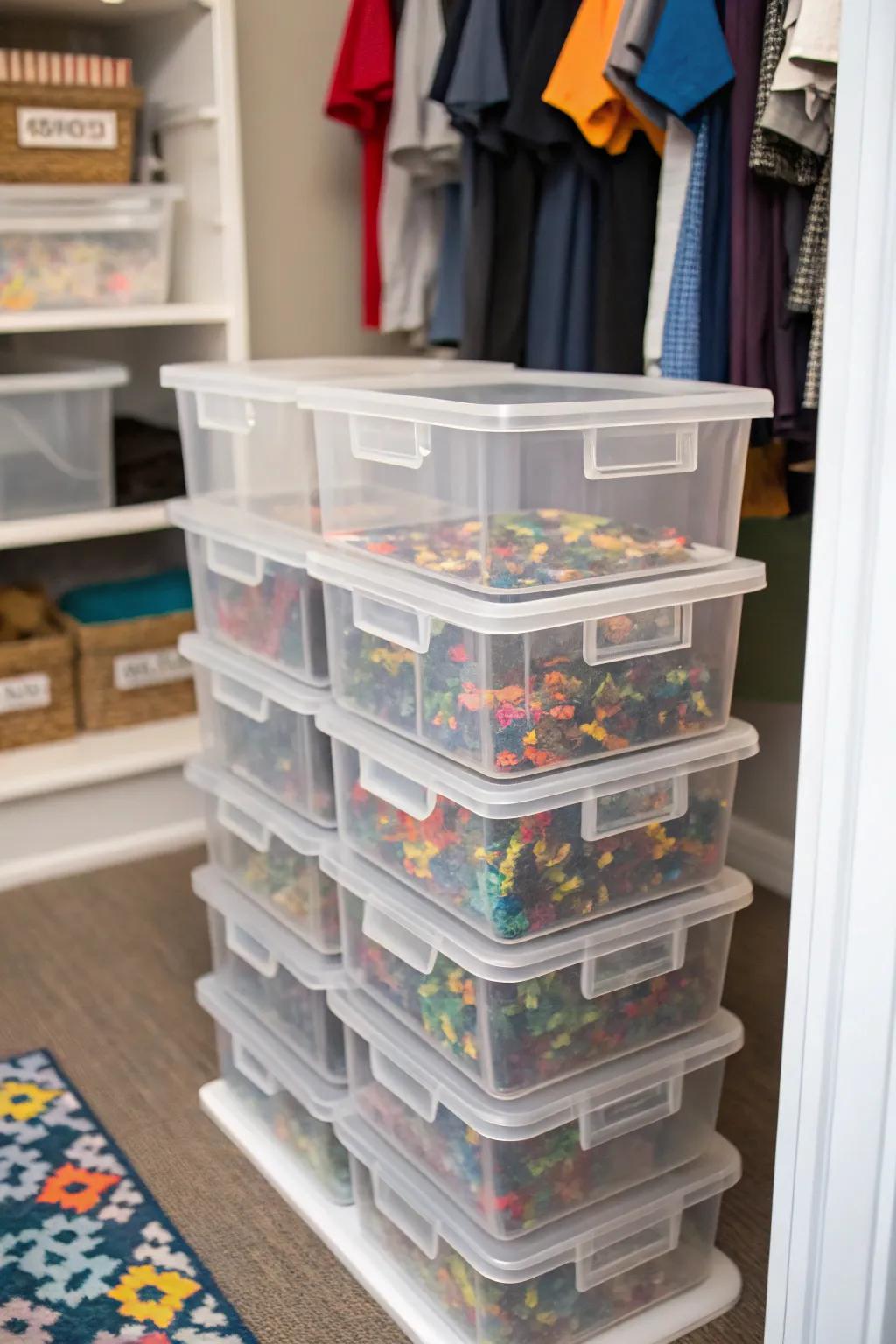 Clear bins showing off all the puzzle pieces inside.