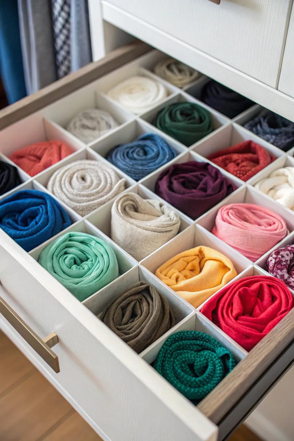 Drawer dividers keep scarves tidy and easy to find.