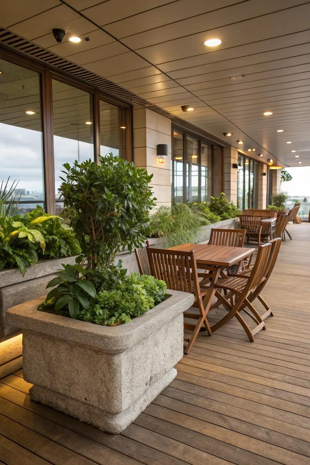Natural wood and stone bring a nature-inspired vibe to this indoor deck.