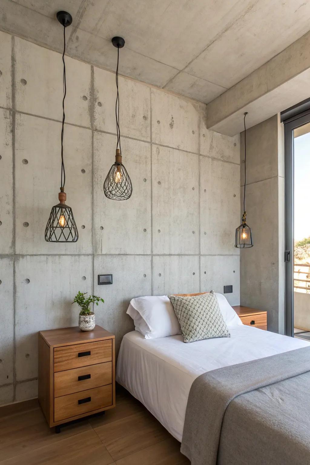 Concrete elements provide a sleek, modern edge to this industrial bedroom.