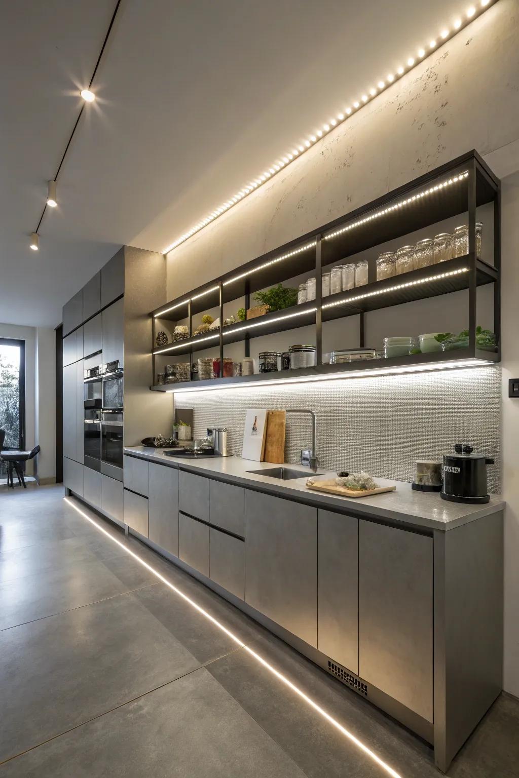 Factory-inspired kitchen with LED strip lighting