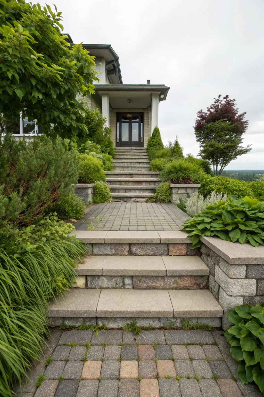 Tiered block actions include depth and measurement to this welcoming entryway.