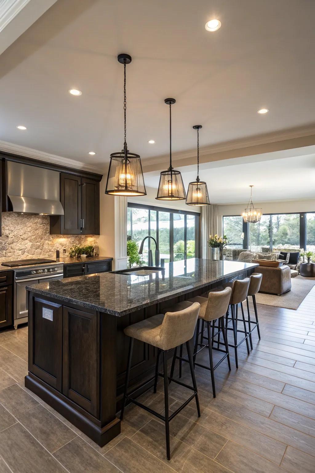 A kitchen island that doubles as a dining and work space.