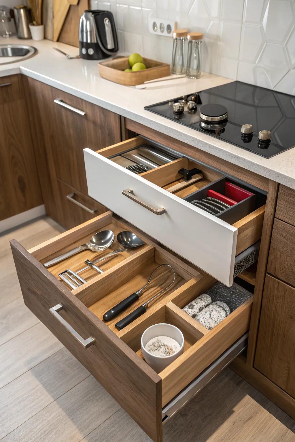 Angled drawers provide sleek and efficient storage solutions.