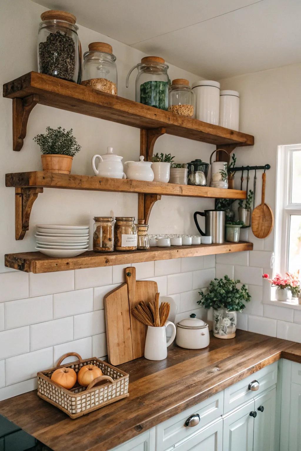 Shelves made of reclaimed wood impart a sense of coziness and uniqueness to any culinary space.