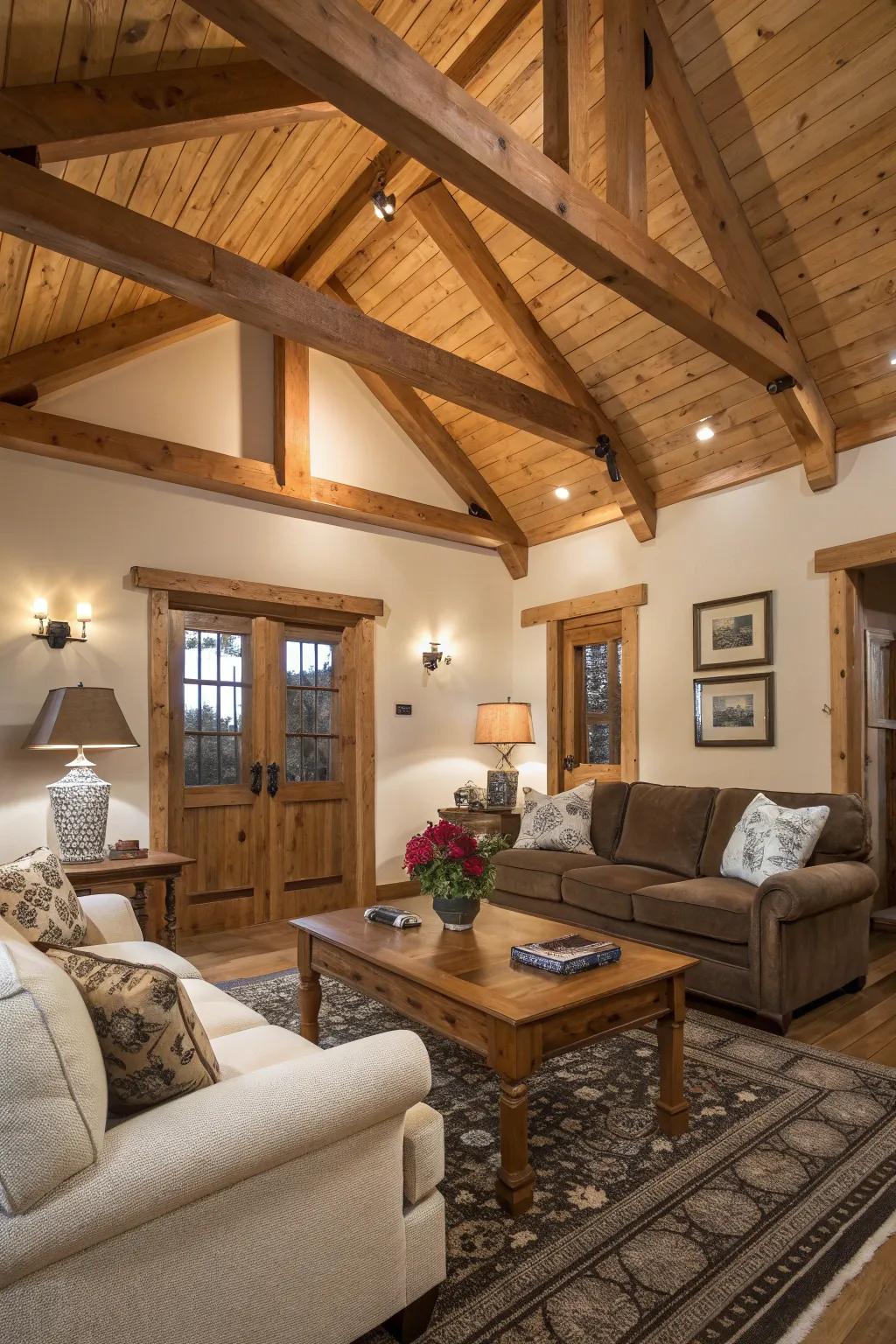 A living room showcasing the beauty of exposed beams and knotty pine.