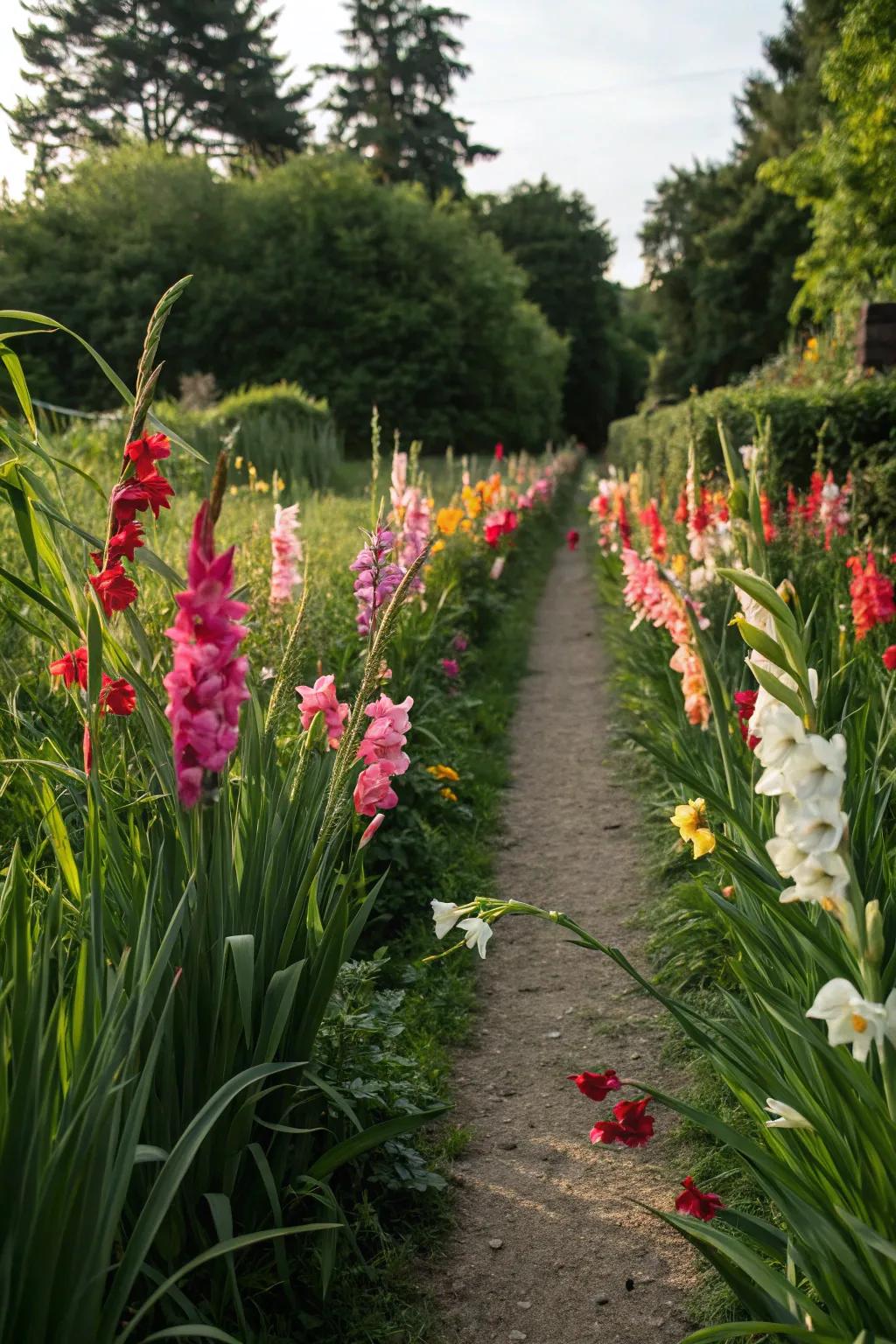 Gladioli gracefully line a garden path, adding both color and definition.