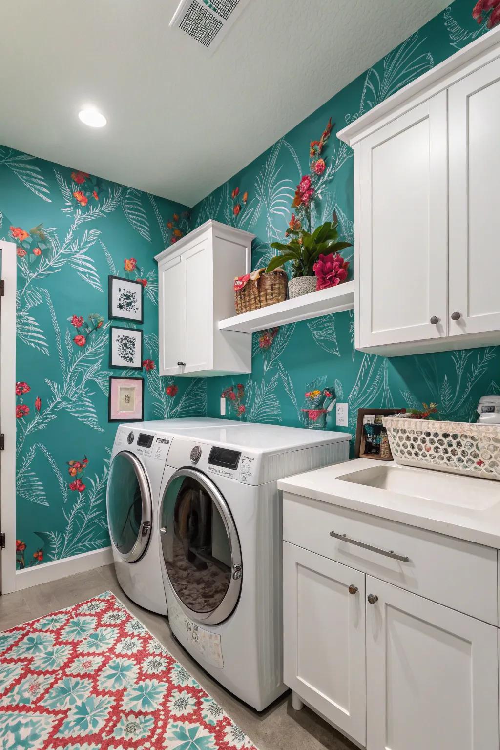 Bold teal walls bring a refreshing energy to the laundry room.