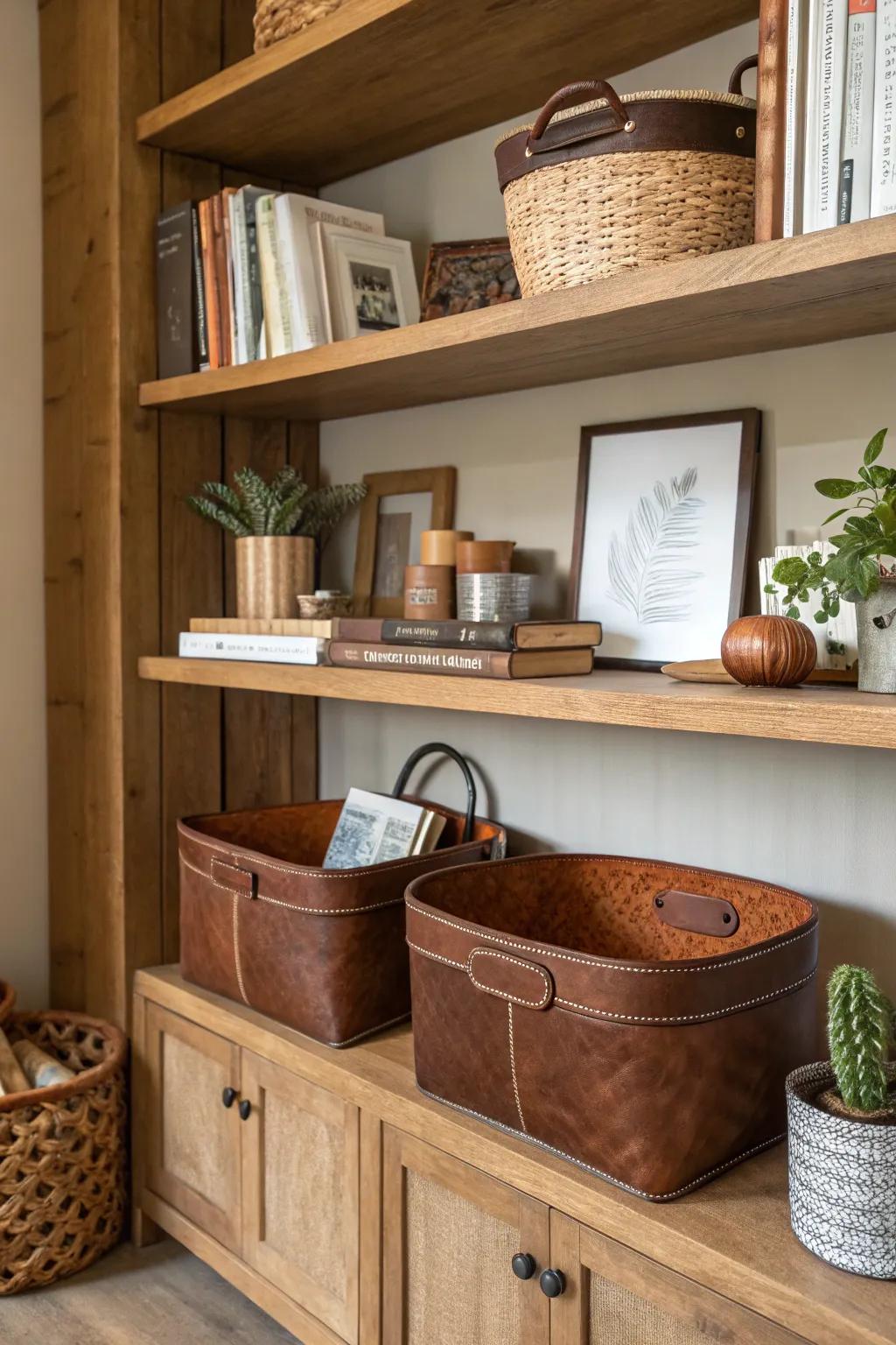 Keep things tidy in style with leather baskets.