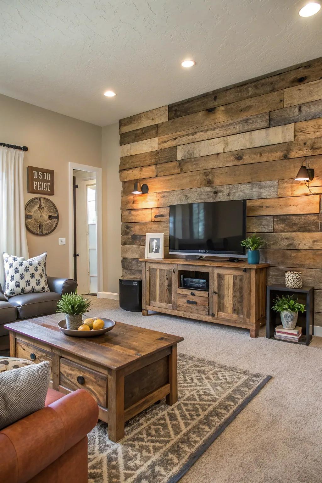 An accent wall crafted from repurposed wood imparts a rustic charm to this up-to-date living space.