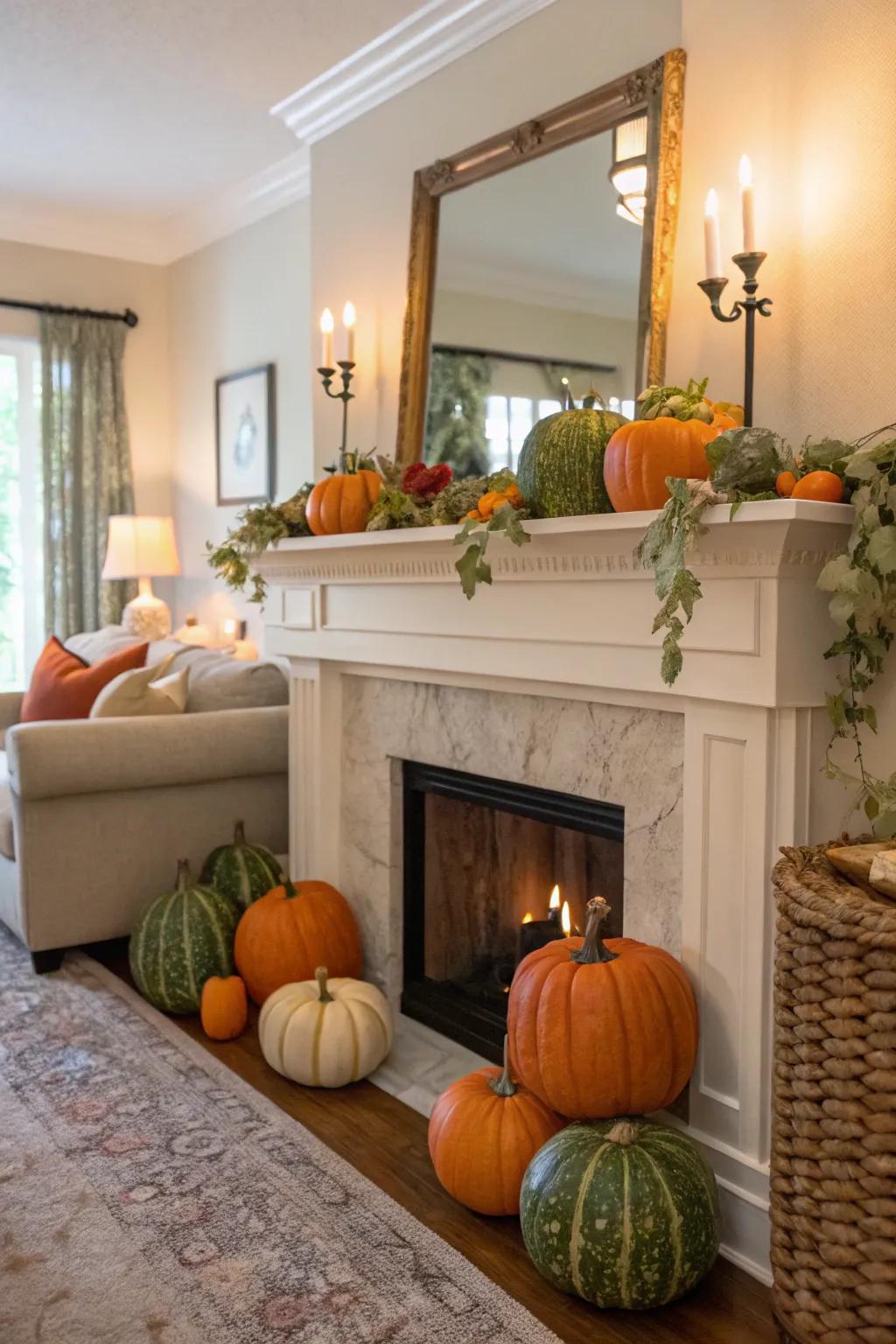 The mantel in this living room is adorned with pumpkins and gourds, injecting a fun, fall-inspired touch.