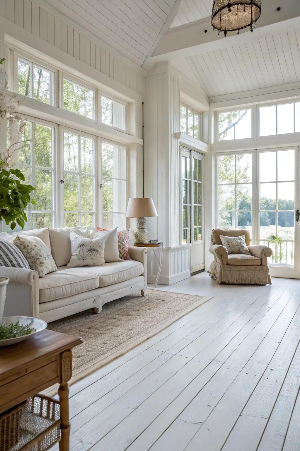 A sunny living area showcasing the light and airy appeal of white wood floors.