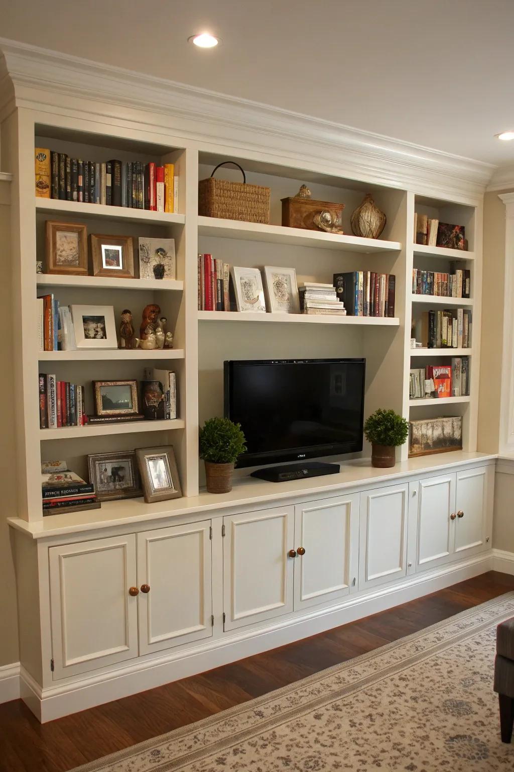 Shelving built around the TV creates a balanced and useful center point.