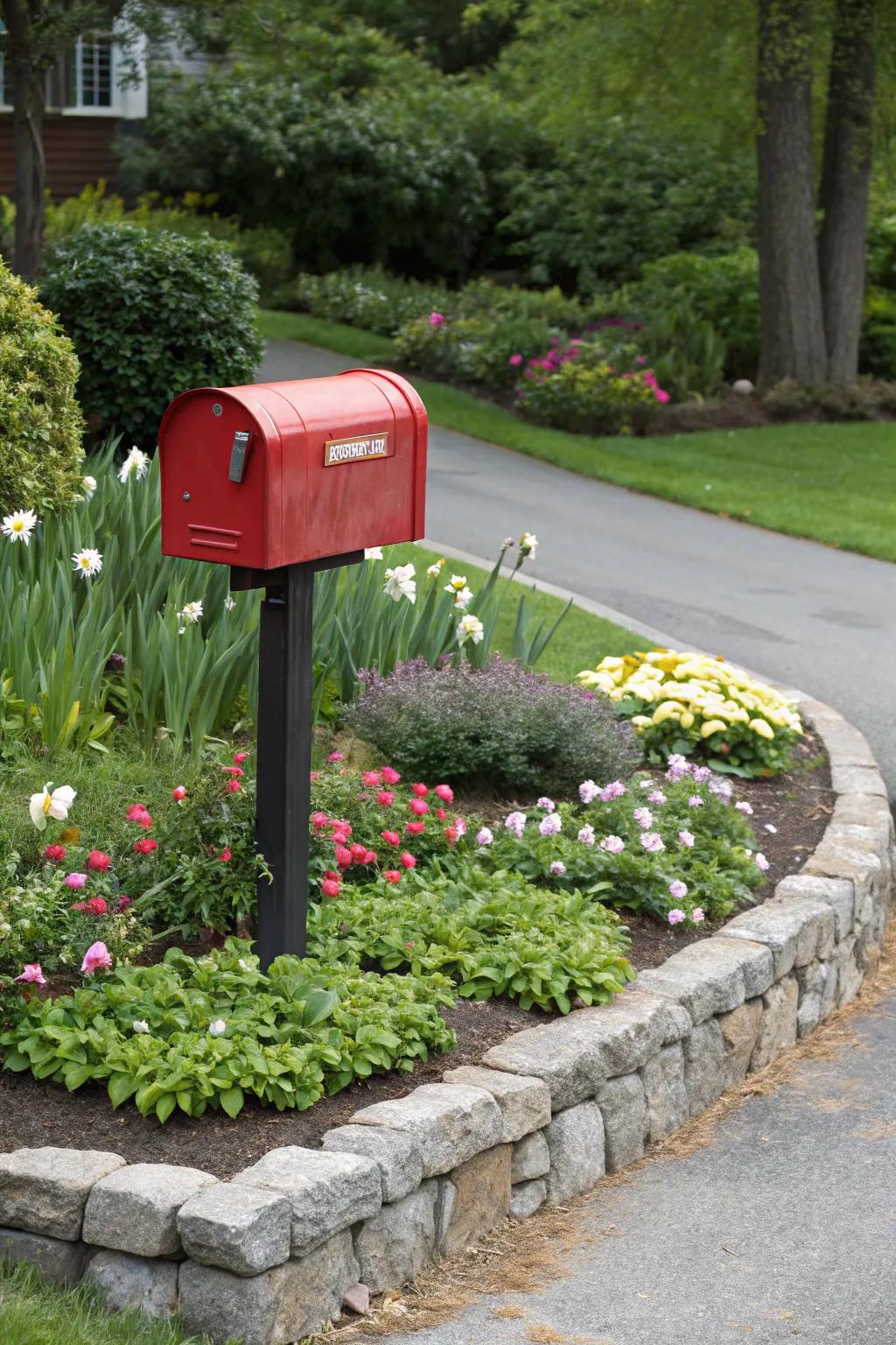 Stone borders add a touch of elegance to your mailbox garden.