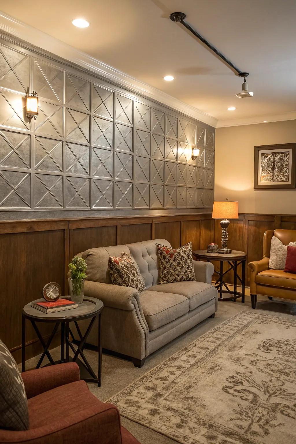 A metal wainscoting accent wall adds sophistication and charm.