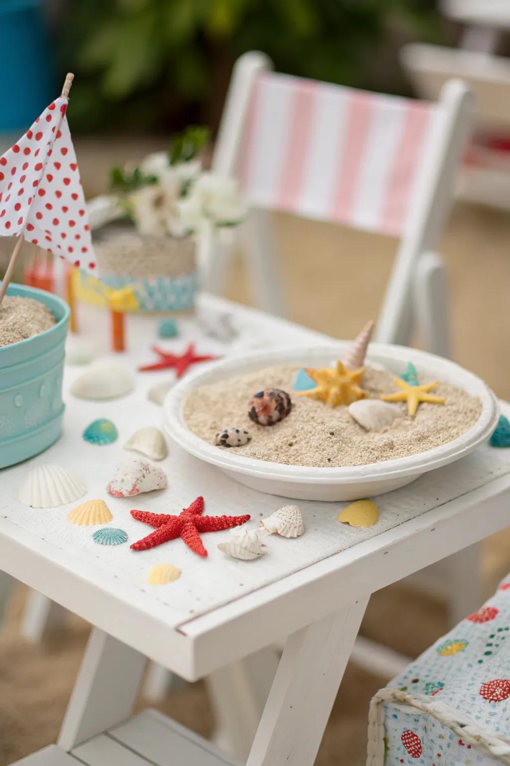 Miniature beach theme table setting for a fun party vibe.