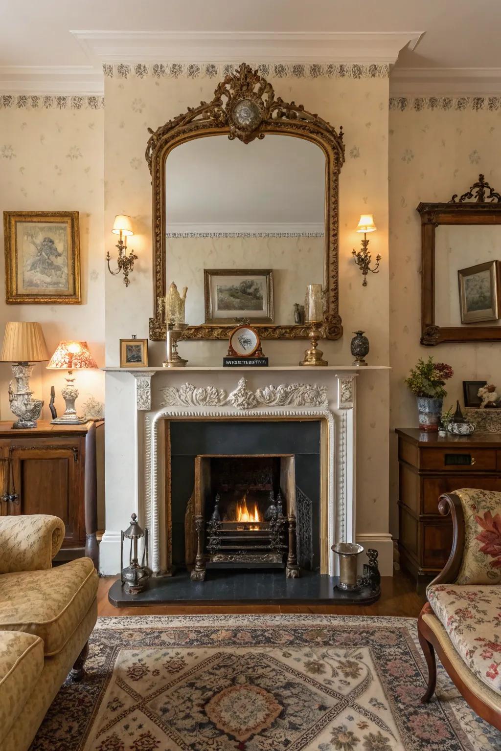 Elaborate vintage reflections contribute a sense of history to your fireplace.