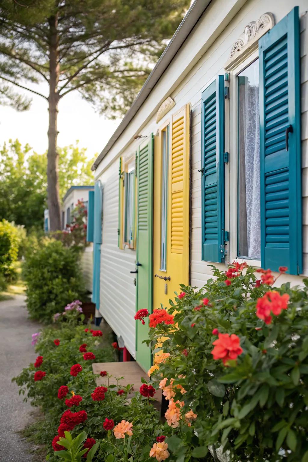 Vivid shutters giving life to a mobile home's exterior.