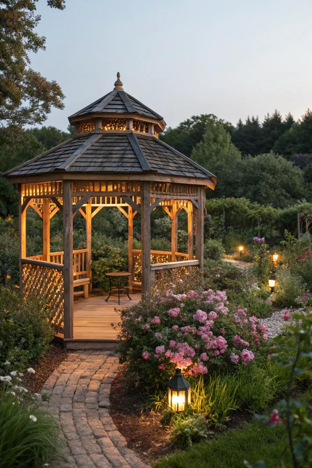 A rustic wood slat gazebo providing a warm and welcoming outdoor escape.