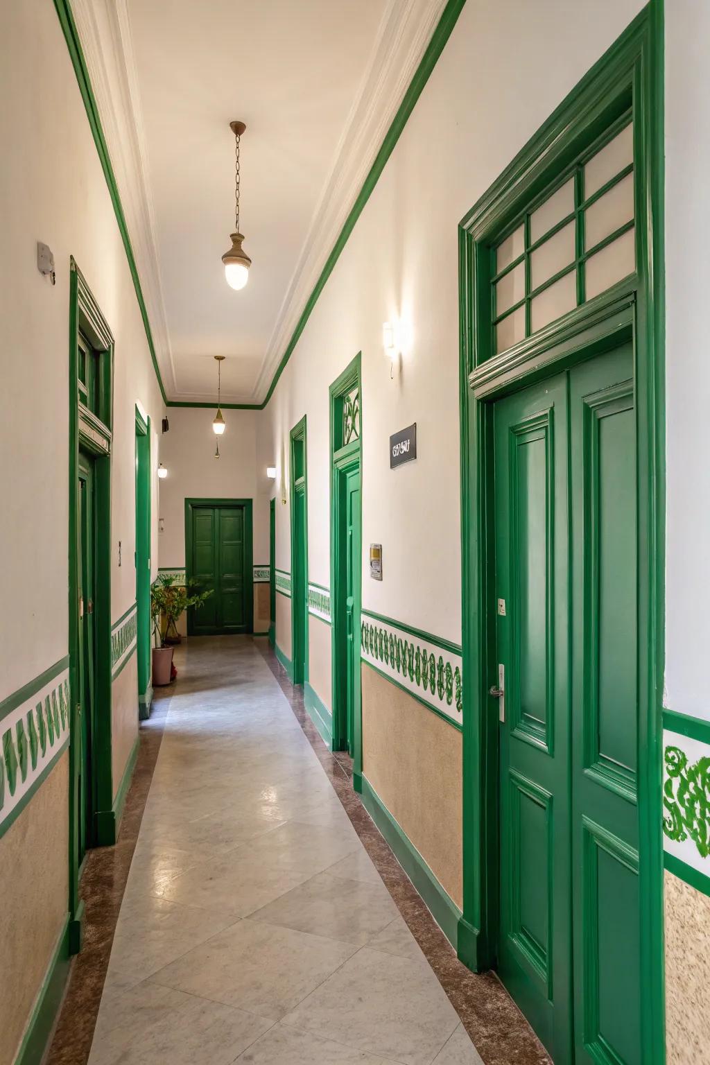 Neutral walls complemented by bold accents create a balanced and inviting hallway.