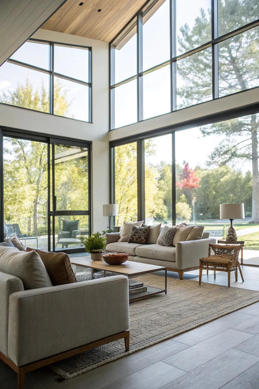 Large modern windows in a living room, allowing natural light to flood in.