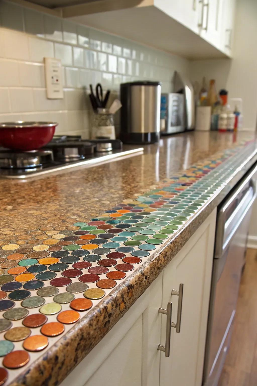 Round tiles impart a lively and vibrant texture to this cooking space.