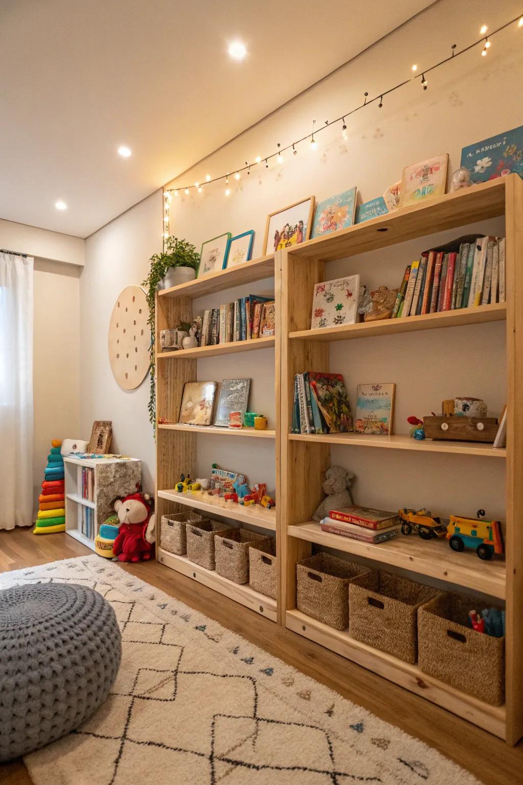 Low shelves make toys and books easily accessible.