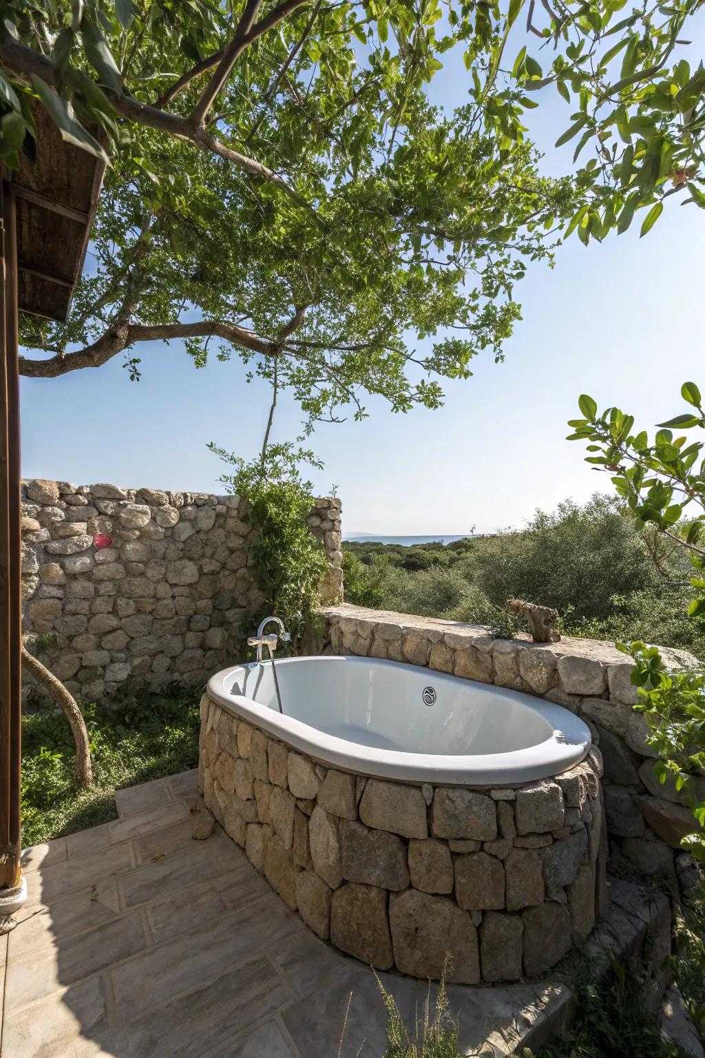 Create a stone sanctuary for a serene bathing experience.