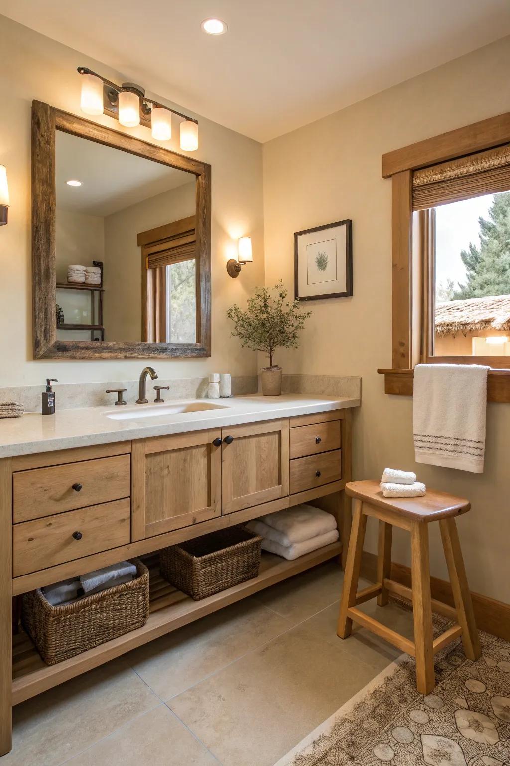 An organic timber furnishing contributes warmth to this subdued bathroom.