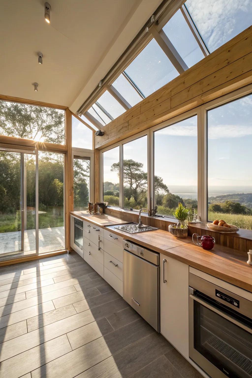 Natural light streaming into an open kitchen through large windows.