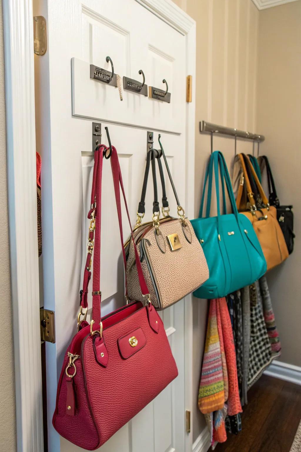 Simple hooks can turn your closet into a convenient purse haven.