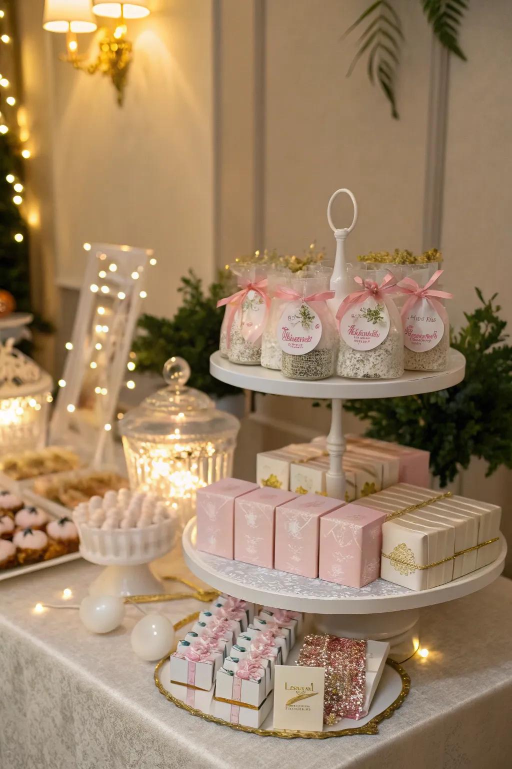An elegant tiered display showcasing small gifts.