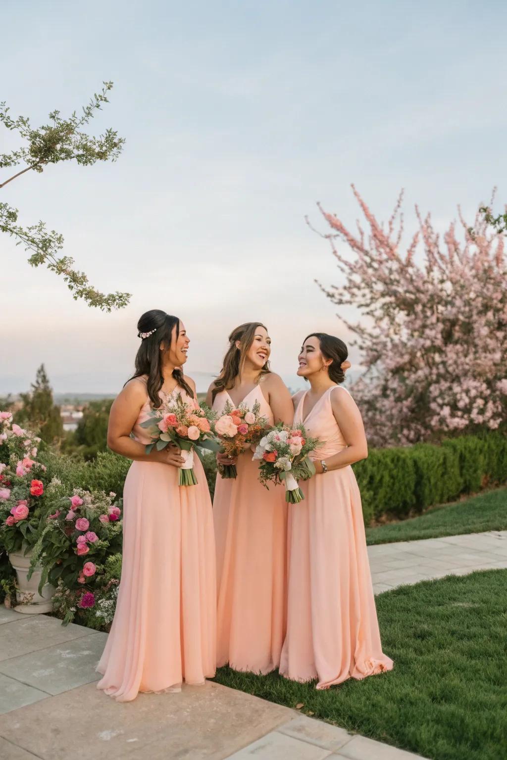 Elegant peach bridesmaid dresses that enhance the wedding theme.